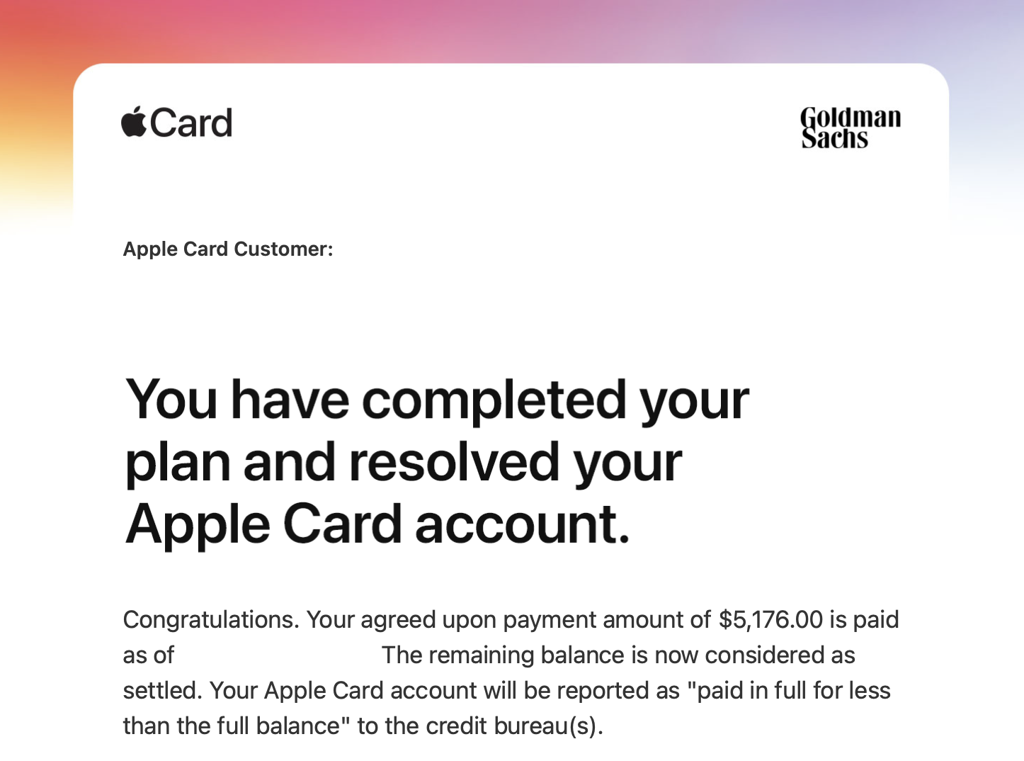 Letter from Goldman Sachs confirming an Apple Card account was resolved and the remaining balance settled