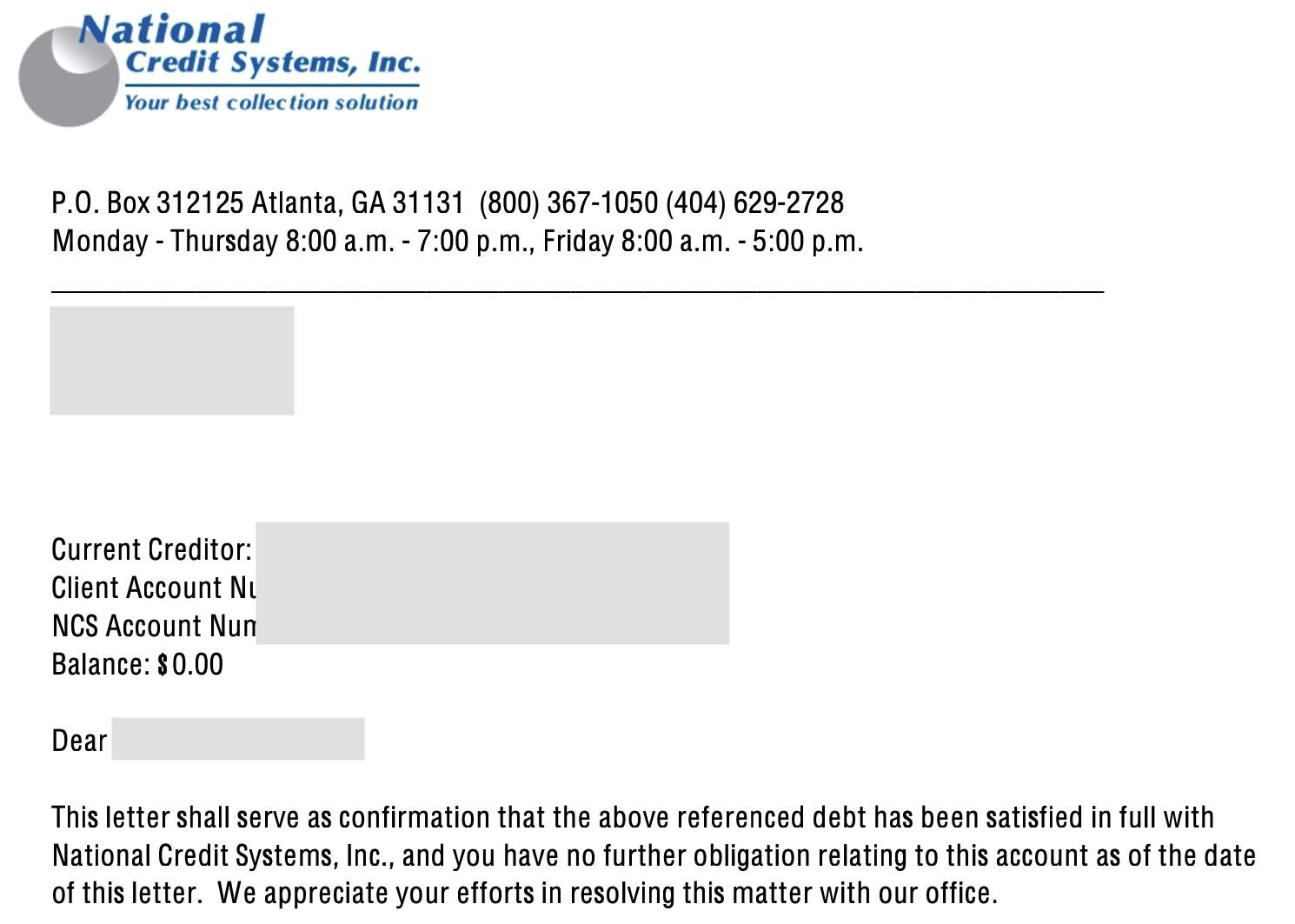 Paid-in-full settlement letter confirming a $0.00 balance for a real client